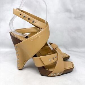 CHANEL Vintage CC Coco Mark Leather Squared Open Toe Wooden Wedge Sandal Heel 36